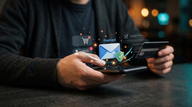 E-commerce manager reviews secure payment email notifications and online transaction alerts on a smartphone, managing digital banking, cashless mobile commerce, and financial cybersecurity.