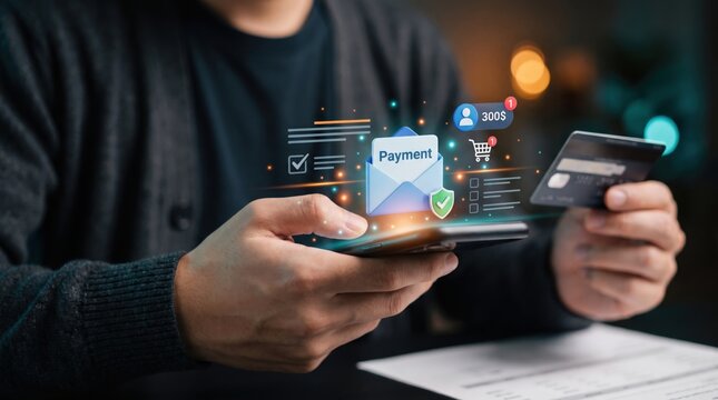 E-commerce manager reviews secure payment email notifications and online transaction alerts on a smartphone, managing digital banking, cashless mobile commerce, and financial cybersecurity.