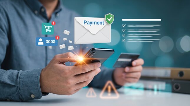 E-commerce manager reviews secure payment email notifications and online transaction alerts on a smartphone, managing digital banking, cashless mobile commerce, and financial cybersecurity.