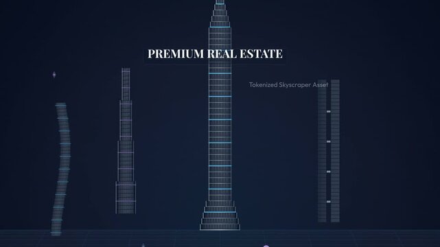 Futuristic animation illustrating fractional real estate ownership through tokenized skyscraper assets and smart contracts featuring global asset liquidity and yield generation