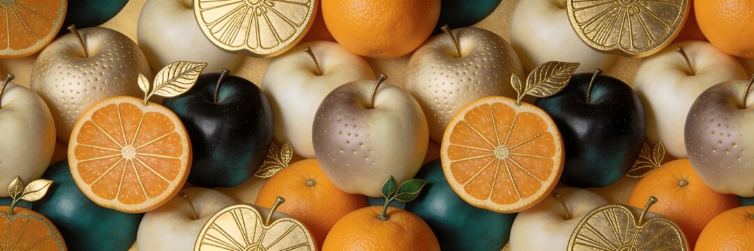 An art deco seamless pattern of overlapping apples and oranges in teal charcoal and cream with fine gold linework on a golden tan background