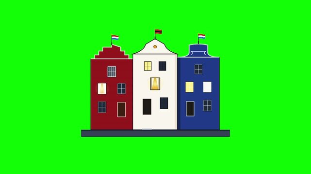 A grid of six illustrations featuring red white and blue traditional European architecture. Features glowing windows and small flags. Perfect for travel animations and video overlays.