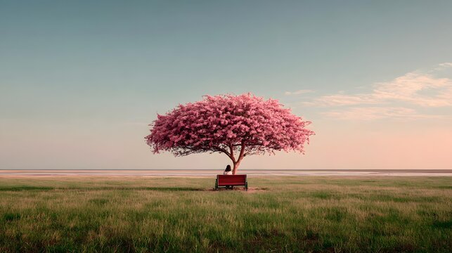 tree standing alone in the middle of a green meadow, a wooden bench beneath its branches, two people sitting close together, gentle spring sunlight, peaceful romantic landscape, wide composition
