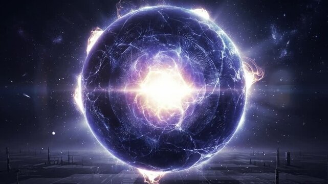 Colossal Firefly Core AI consciousness abstract representation manifests as a glowing sphere, radiating powerful energy in a futuristic cosmic setting.