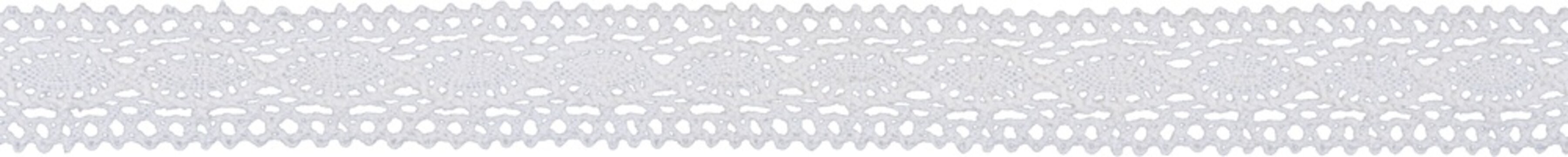 Delicate white decorative lace ribbon trim border with scalloped floral eyelet pattern isolated