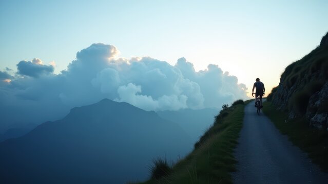 Cyclists silhouette climbing a steep alpine switchback road, dramatic clouds rolling over peaks behind, cool crisp mountain light