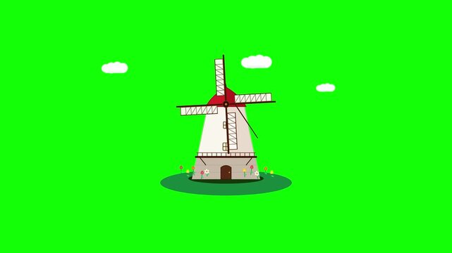Animated 2D windmills with rotating sails and white clouds on a solid green chroma key background. Perfect for video editing and motion graphics compositing.