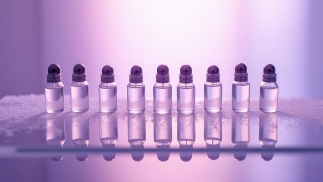 Row of glass perfume vials catching prism light on a mirrored shelf, dust motes drifting, pastel lavender studio background