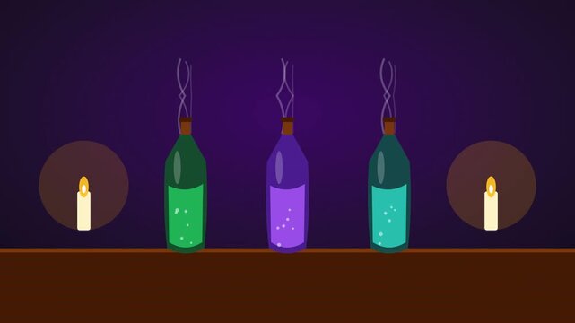 Halloween potion bottles with rising steam on wooden table
