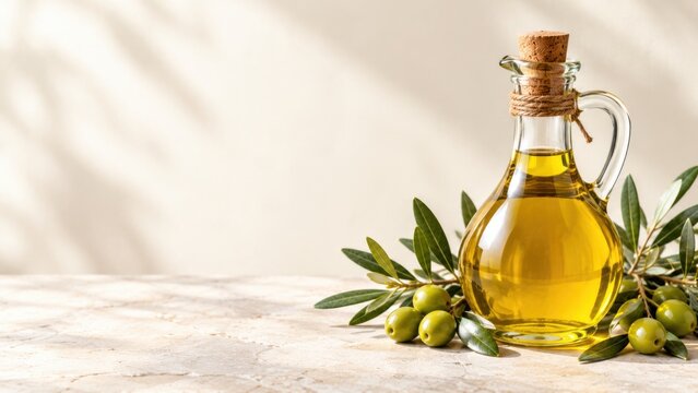 Clear glass bottle of extra virgin olive oil with fresh green olives and olive branches.