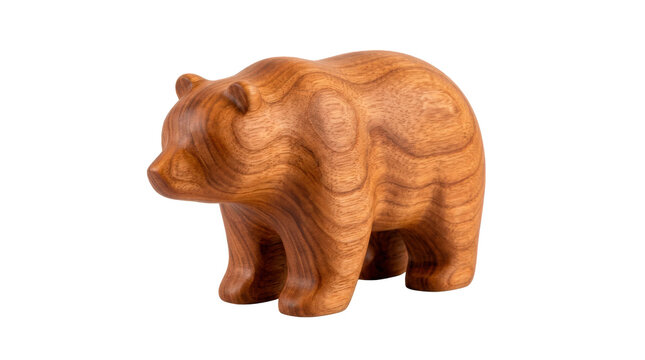 Wooden bear figurine with smooth carved contours, warm natural grain and minimalist woodland character design, photorealistic product photography, three-quarter view, tack-sharp focus, ultra-detailed