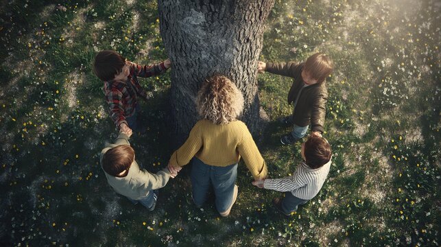holding hands in a circle around a large tree in a sunny park, parents and children seen from behind, green grass and scattered flowers, unity and togetherness, wide environmental composition,