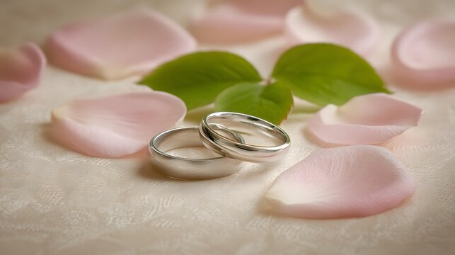 rings resting on a bed of soft pink rose petals with fresh green leaves, diffused studio light, delicate metallic reflections, romantic luxury still life, sharp macro detail, elegant neutral