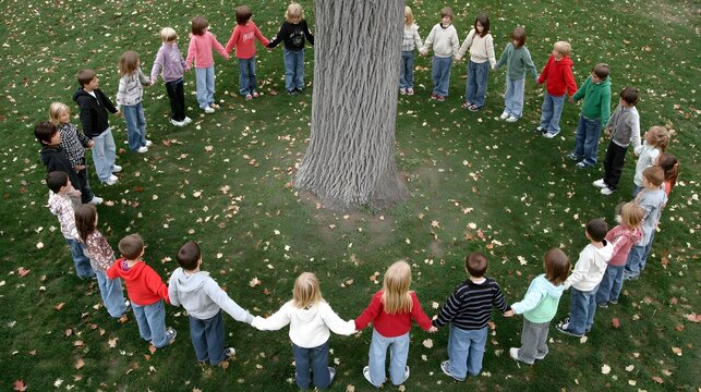 holding hands in a circle around a large tree in a sunny park, parents and children seen from behind, green grass and scattered flowers, unity and togetherness, wide environmental composition,