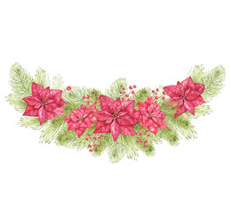 Christmas watercolor arrangement of red poinsettias with evergreen pine sprigs and small red berries. Ideal for holiday cards, Christmas greetings and festive seasonal compositions. © Evgeniia