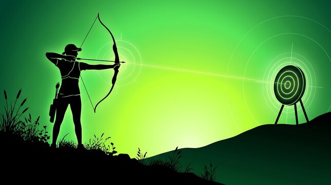 Archery target practice silhouette hunter aiming bow in green forest sunset landscape