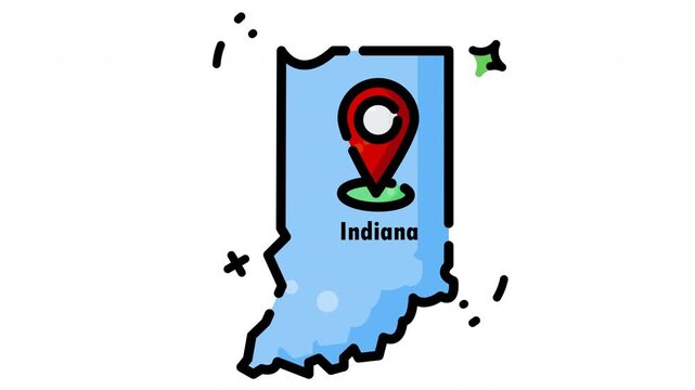 Animated Indiana map icon combines a location pin symbol, suitable for travel guides, tourism campaigns, geography, maps, websites, and navigation materials.