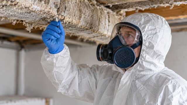 inspector examines suspected asbestos inside a protected building