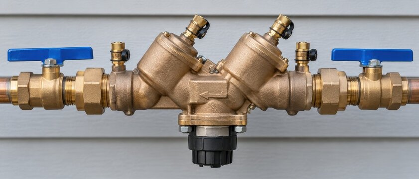 plumber inspects a backflow preventer at an outdoor valve