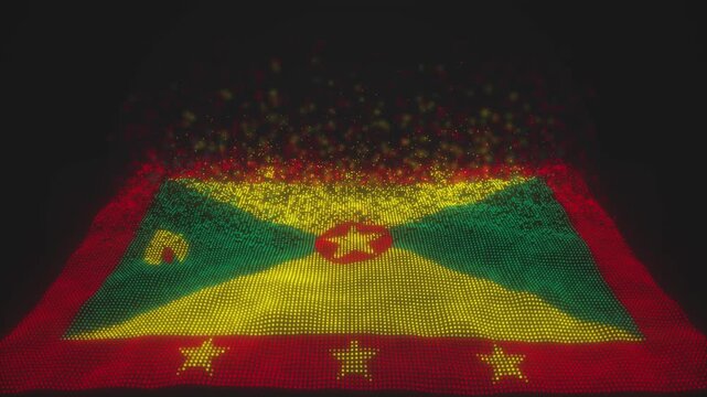 Grenada flag made of glowing particles waves and disperses in a digital style. The flag animation features a dynamic particle effect on a dark background. Animation.