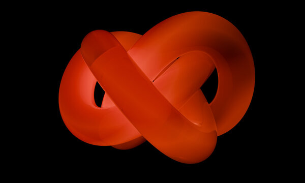 Translucent 3D torus knot twisting in warm red light