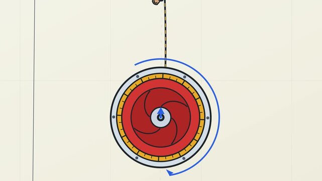 Educational animation explaining the mechanical physics of a yoyo sleep and return trick detailing angular momentum gyroscopic rigidity friction and tension wave dynamics