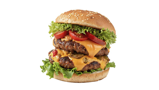 Freshly prepared delicious big double beef meat hamburger isolated on transparent background