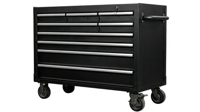 Black rolling tool chest, photorealistic metal workshop cabinet with multiple drawer fronts, rugged construction and heavy-duty caster wheels for garage tool storage. Front three-quarter view, crisp