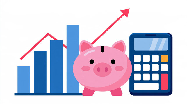 Gestion de budget et d'&eacute;pargne : cochon tirelire avec histogrammes et calculatrice, isol&eacute;e sur fond blanc