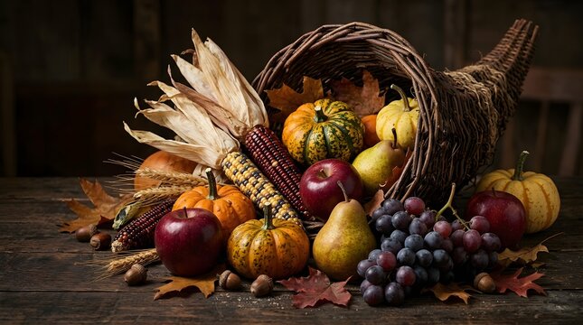 Traditional thanksgiving cornucopia centerpiece with pumpkins, apples, grapes, pears, and dried corn on a rustic wooden table