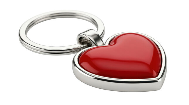 Valentine keychain with a polished metal ring and an integrated glossy red heart-shaped charm, smooth enamel-like finish and elegant romantic styling. Photorealistic product photography, front