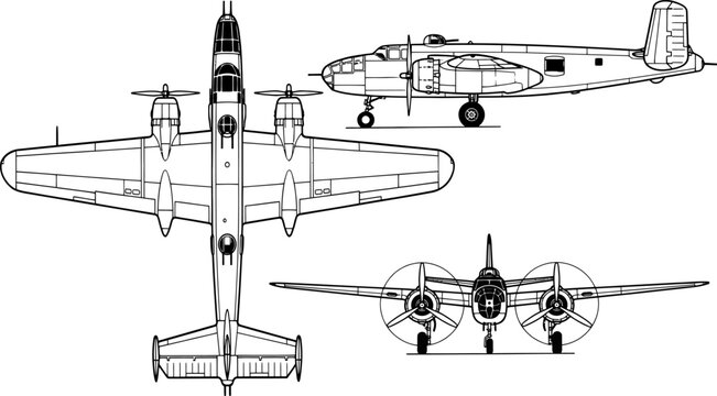 Technical blueprint of b25 mitchell medium bomber aircraft in three