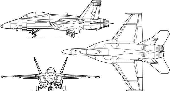 Military fighter jet aircraft technical blueprint vector illustration