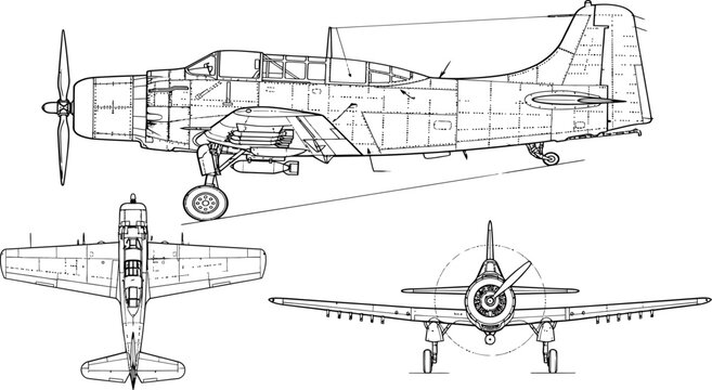 Technical blueprint of vintage world war two fighter aircraft in side