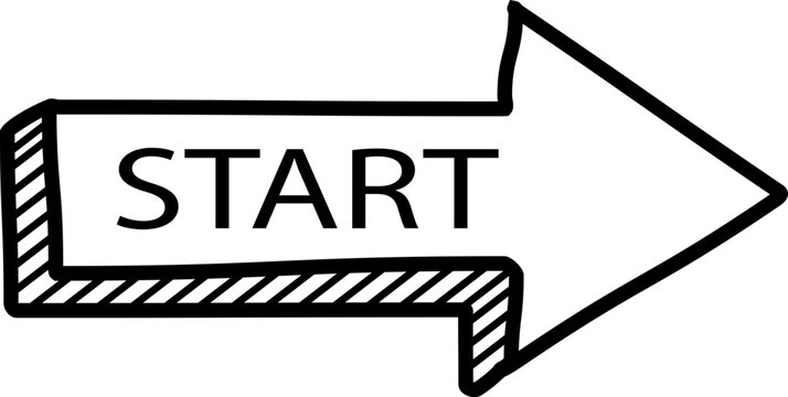 Doodle style start arrow icon isolated on white background