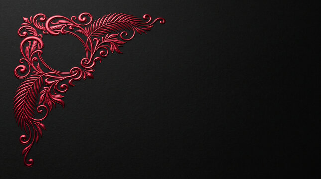Elegant red filigree corner ornament on black textured background