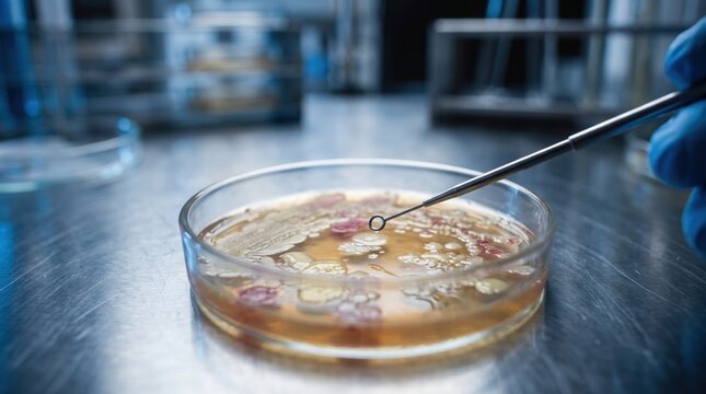 Inoculation loop over petri dish with bacterial colonies in a lab