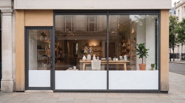 Modern boutique shopfront with large glass windows displaying ceramic pottery an