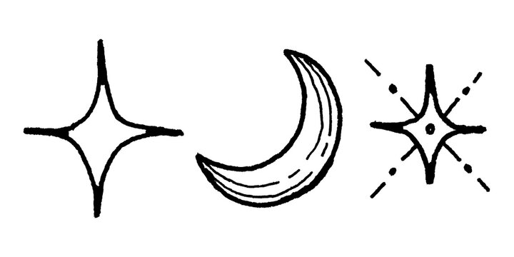 Hand-drawn line art ink icon set of crescent moon, shining and sparkling four-pointed stars on transparent background for magic stickers, mystical craft, witchy decor, astrology, tarot, RPG game UI.