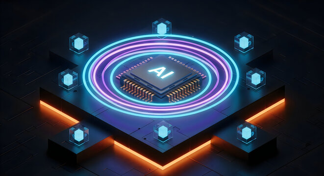 Futuristic central processing unit chip with glowing neon light circles and digital data nodes