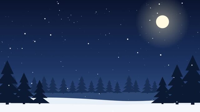 Gentle snow falling in three depth layers over a dark pine forest and snowy hills under a glowing moon on a blue night sky. Copy space in center, seamless 4K loop.