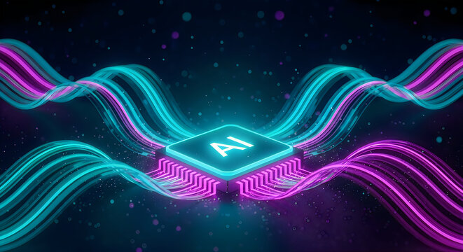Abstract digital illustration of a central computer chip with glowing neon data flow lines