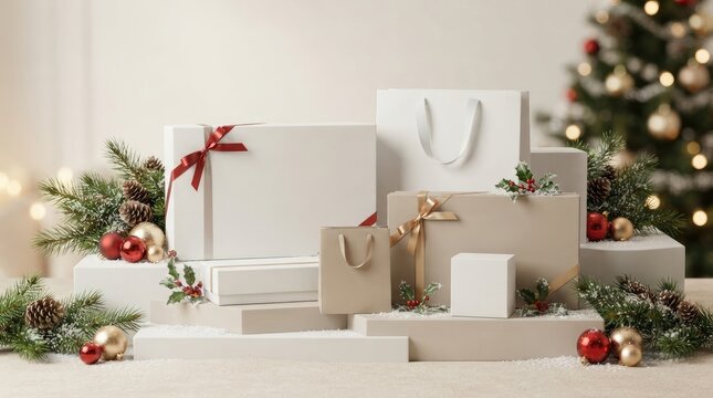 Elegant christmas presents and shopping bags near a decorated tree with gift set