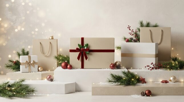 Festive product display podium with beautifully wrapped christmas gifts and holiday