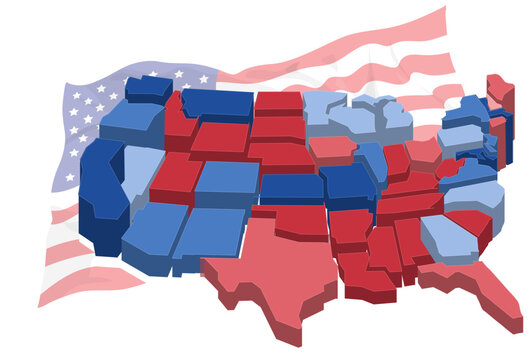 3D red and blue state columns over a waving US flag, concept art for the 2026 midterm elections