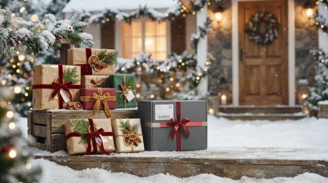 Pile of christmas gifts and shipping parcels delivered on a snowy doorstep