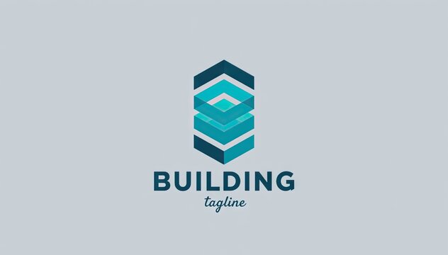 Abstract geometric building logo with blue stacked isometric shapes
