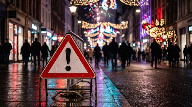 Warning Sign Standing on a Crowded City Street Decorated for Christmas Holidays