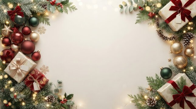 Festive christmas frame border with wrapped presents and ornaments with large central copy space