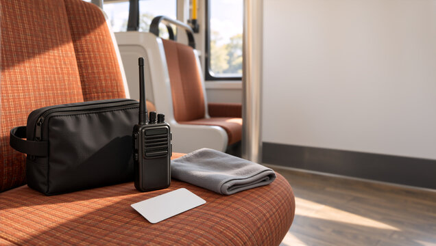 Walkie talkie and cleaning pouch on an orange train seat. Transit staff equipment and blank card inside a passenger carriage